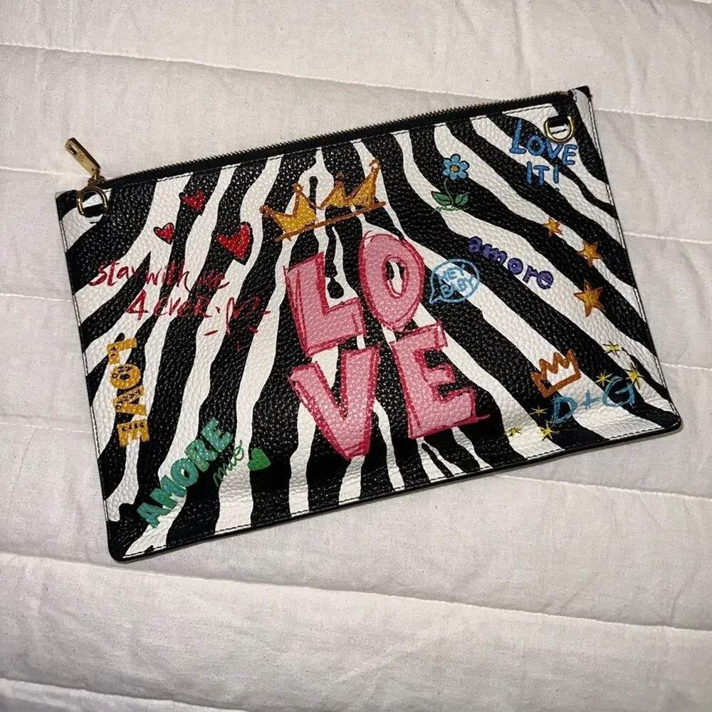 DOLCE & GABBANA Calfskin Zebra Graffiti Print Cleo Crossbody Pouch Multicolor